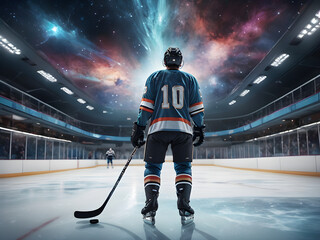 Ice hockey player with uniform stick skates helmet gloves Sports rink