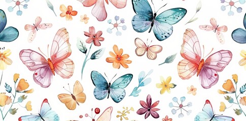 An illustration of a seamless pattern with blooming flowers and flying butterflies in watercolor style. Background for fabrics, textiles, prints and invitations.