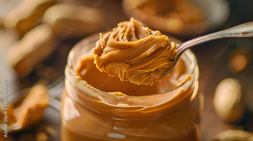 Poster peanut butter in an open jar empty peanut butter container the last spoonful of delicious pasta snac