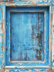 Naklejka premium The frame of an old window painted blue with peeling paint and cracks around the edges, creating space for text or images.
