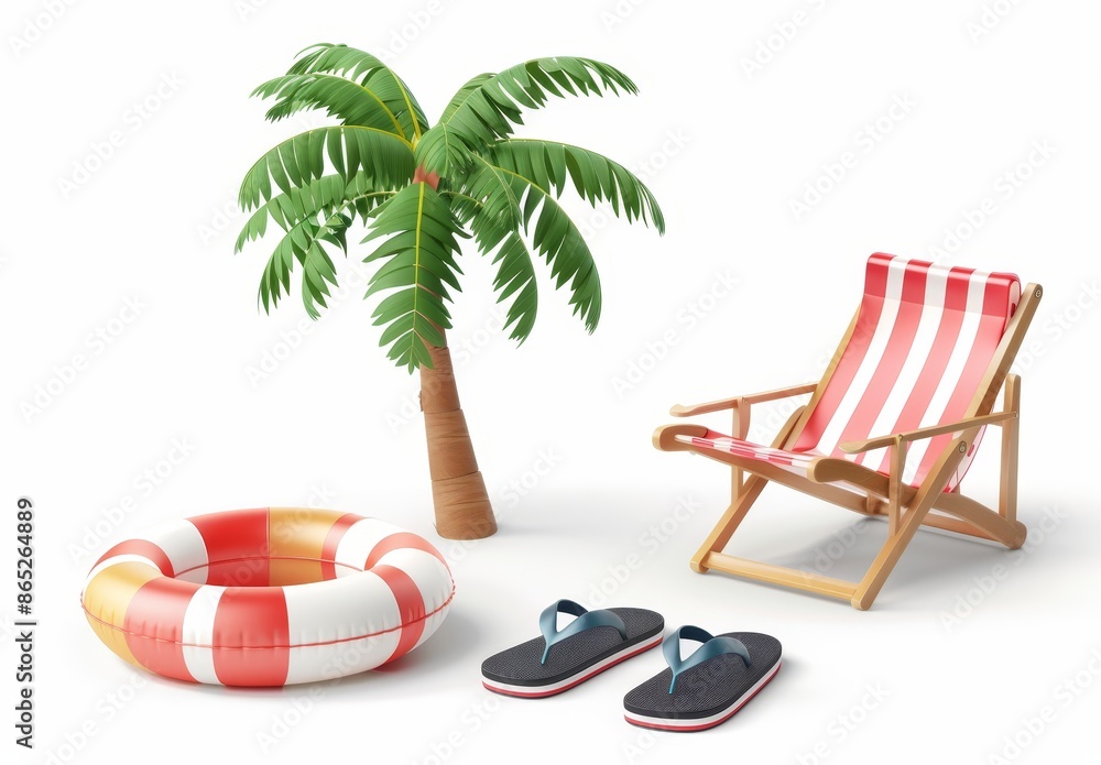 Aufkleber a set of 3d summer elements isolated on a white background with realistic objects for mock-ups, beac