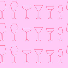 Red and pink linear wine glasses seamless pattern. Icons and doodles. Outline crystal glasses and goblets. Wine tasting. Sommelier. Party, celebration time. Background, wallpaper, digital paper