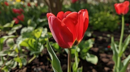 A crimson tulip in the park