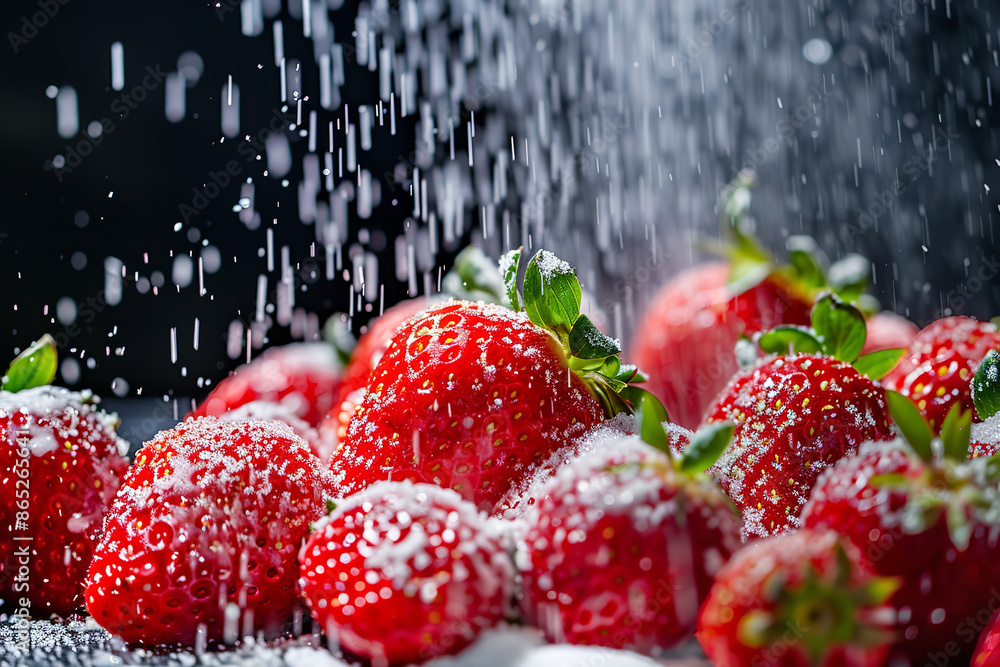 Canvas Prints Sprinkling Sugar on Fresh Strawberries - Vibrant and Close