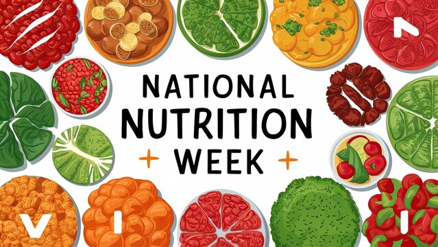 National Nutrition Week, with a | Nutrition Week, Post, colorful array of healthy foods, National Nutrition Week Banner, fruits. Illustration  art, Nutrition Week Banner,  
