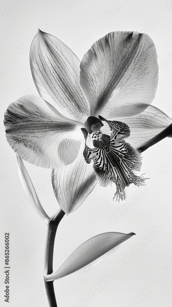 Poster the contrast between the smooth glossy petals and the fuzzy stem of a monochrome orchid creating an 