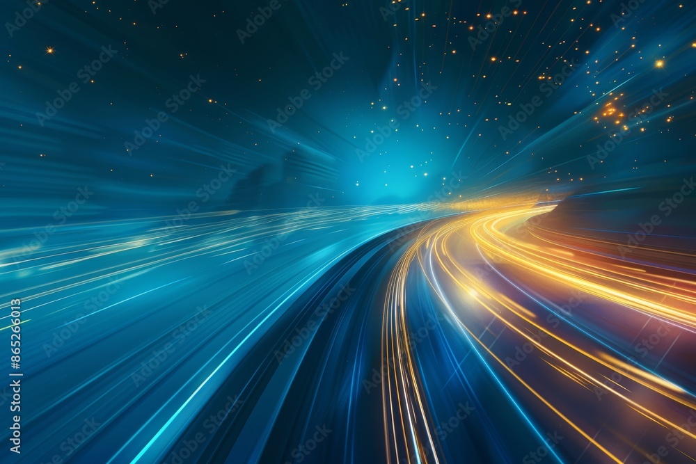 Poster futuristic abstract dynamic motion light trails with neon lines going up. virtual reality.