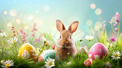 Fototapeta premium An Easter-themed background with colorful eggs, bunnies, and spring flowers