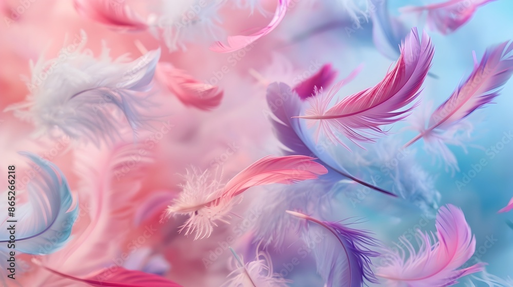 Poster pastel feathers floating effortlessly in ethereal atmosphere of tranquility