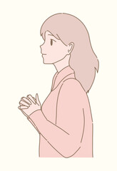 Faithful woman praying, wishing for good things. Religious girl keeping hands in prayer in church. Hand drawn flat cartoon character vector illustration.
