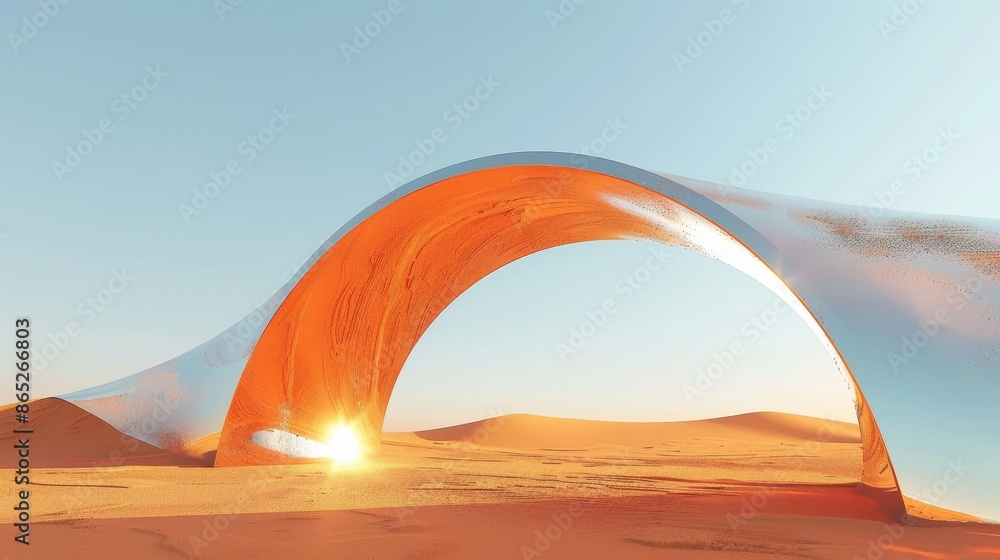 Poster Abstract dune cliffs with metallic arches and blue sky. Surreal minimal desert landscape. Scene of desert with glossy metallic arches geometric design. 3D rendered image.