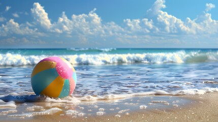Obraz premium Floating Beach Ball in Ocean: A colorful beach ball floating on gentle ocean waves, with a tropical beach in the background. 