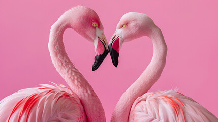 Two pink flamingos forming heart shape with their necks on a pink background ai generative