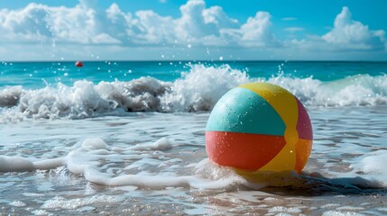 Obraz premium Floating Beach Ball in Ocean: A colorful beach ball floating on gentle ocean waves, with a tropical beach in the background. 