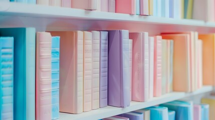 Fototapeta premium Pastel-Toned Books Neatly Arranged on a Minimalist White Bookshelf