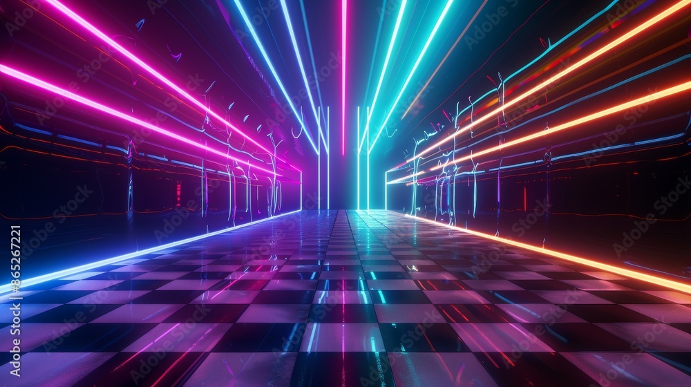 Poster an abstract virtual reality scene with a futuristic technology neon light background, an empty space