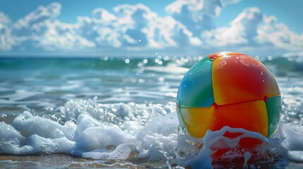 Obraz premium Floating Beach Ball in Ocean: A colorful beach ball floating on gentle ocean waves, with a tropical beach in the background. 