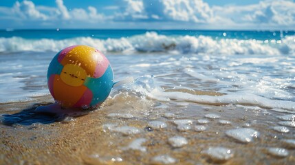 Obraz premium Floating Beach Ball in Ocean: A colorful beach ball floating on gentle ocean waves, with a tropical beach in the background. 