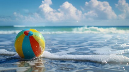 Obraz premium Floating Beach Ball in Ocean: A colorful beach ball floating on gentle ocean waves, with a tropical beach in the background. 