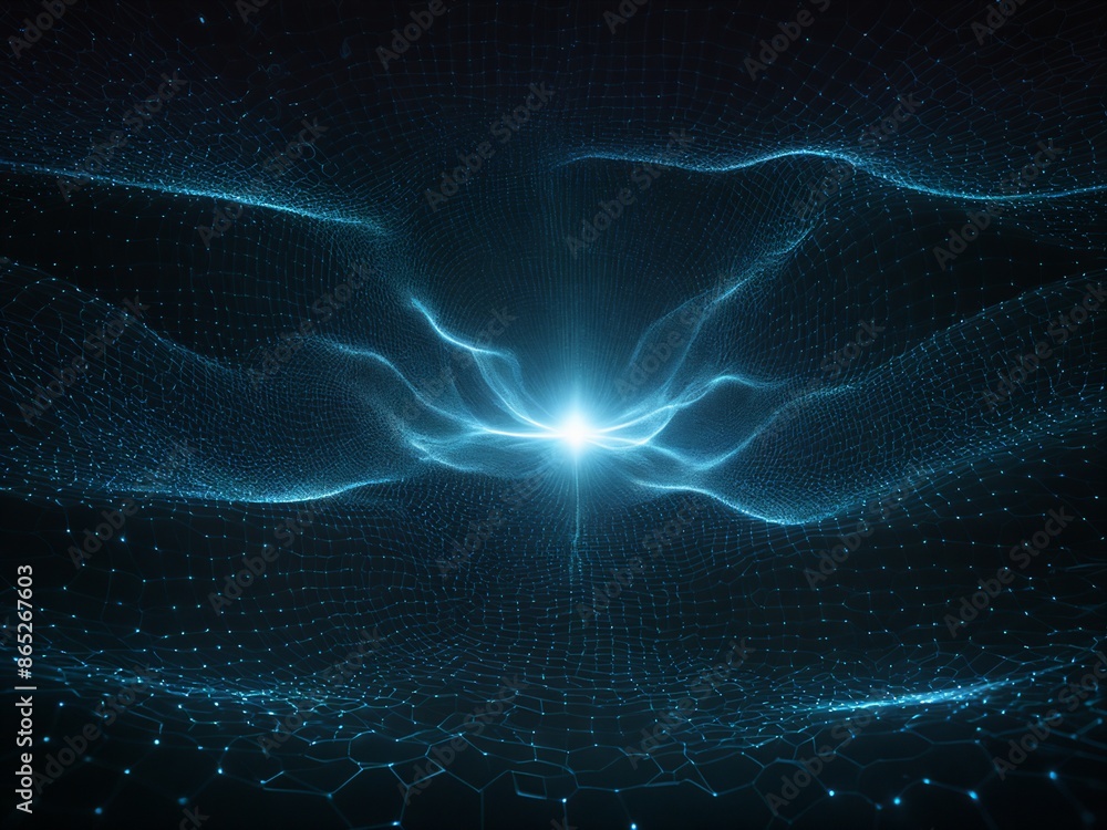 Poster an abstract representation of a digital network, where glowing blue lines of data converge and flow 