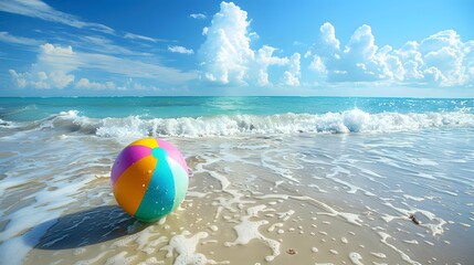 Obraz premium Floating Beach Ball in Ocean: A colorful beach ball floating on gentle ocean waves, with a tropical beach in the background. 