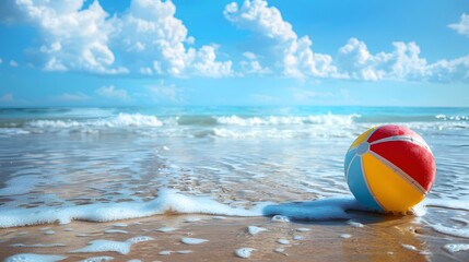Floating Beach Ball in Ocean: A colorful beach ball floating on gentle ocean waves, with a tropical beach in the background.
