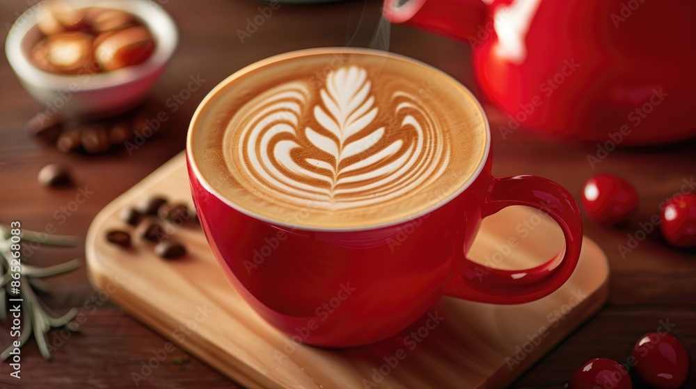 Poster fresh coffee with latte art in red cup on wooden table empty space for text