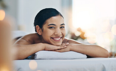 Portrait, spa and woman with massage, relax and enjoy wellness with beauty treatment, vacation and...