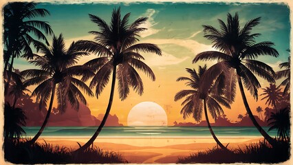 Creative summer collage that combines brilliant tropical colors and textures with vintage charm, with palm trees and beach scenes in tones of sunset