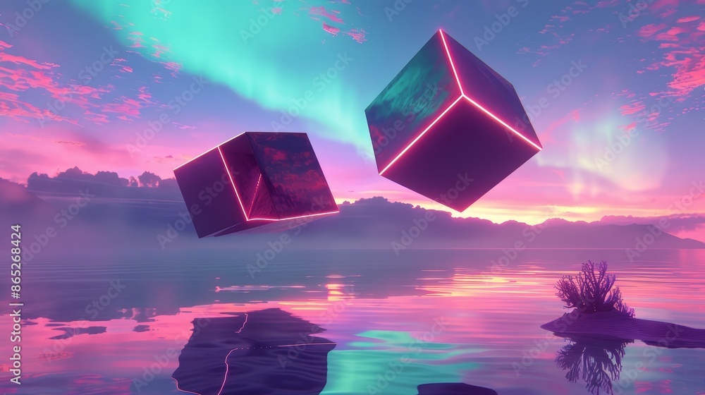 Aufkleber render of a surreal landscape with a podium on a dune and a glowing neon circle and cube in the air 