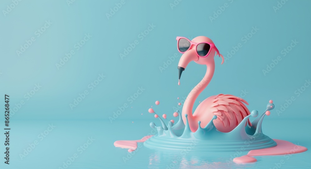 Poster the image features a 3d rendering of a minimal pink inflatable flamingo floating on water splashes a