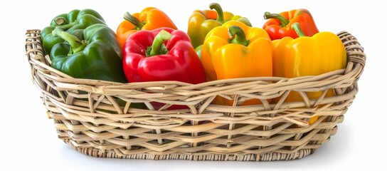 Isolated red, green, and yellow hot bell peppers for food making, as well as whole sweet peppers.