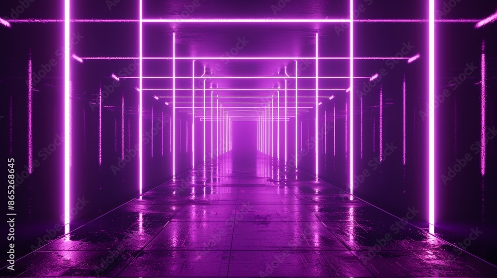 Poster a neon pink speed light trail floats over a floating cube with an abstract highway patch on a techno