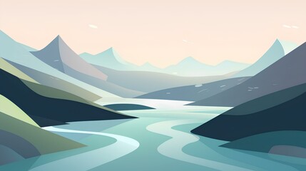 A beautifully illustrated valley with geometric shapes and a river flowing through rolling hills.