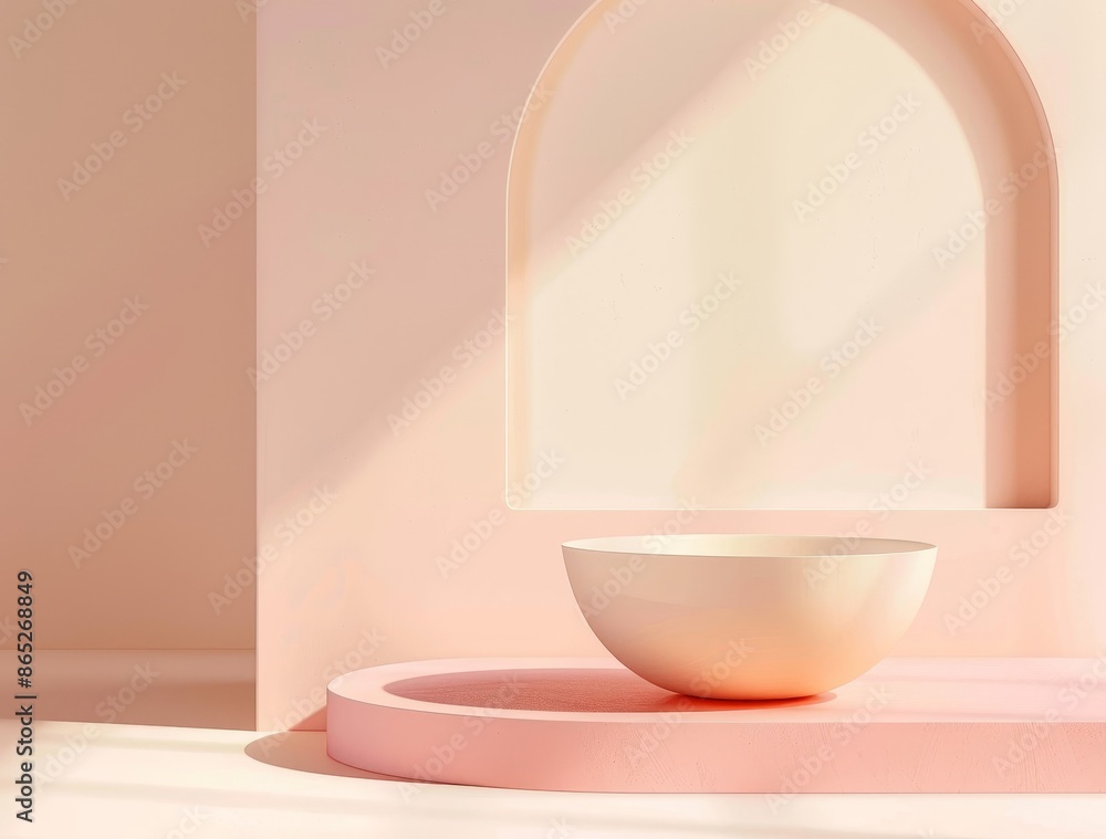 Poster A 3D rendering of an empty podium in pastel colors. The pedestal and shopfront display products in a minimal setting.