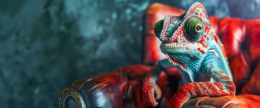 A vibrantly colored chameleon dressed in a sleek business suit and fashionable glasses sits regally on a throne commanding attention in a sophisticated and modern office or corporate setting