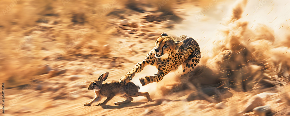Wall mural powerful cheetah chasing a swift rabbit at high speed on a dusty road in the wilderness creating a b