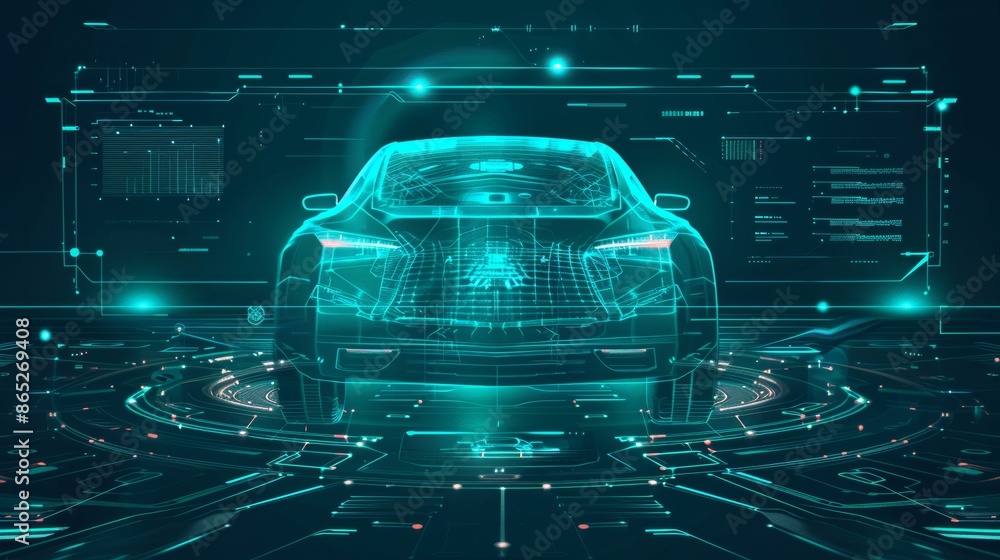 Poster hud (head up display). gui (graphic user interface). modern image of hologram of car, scanning. abst