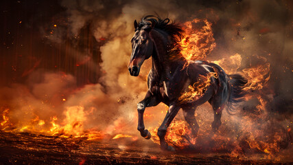 Powerful black stallion engulfed in flames galloping through a raging forest fire with a dramatic and apocalyptic atmosphere