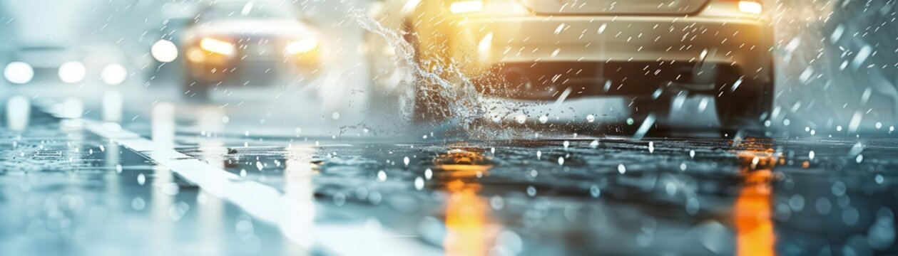 A car drives through a puddle on a rainy day.
