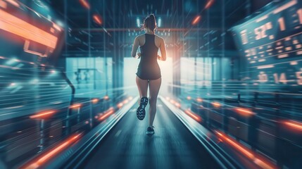 A woman runs on a treadmill in a futuristic setting.