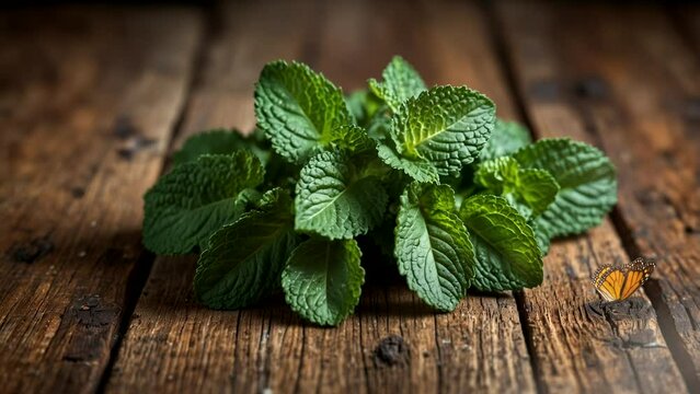 Leaves of mint on a old wooden background