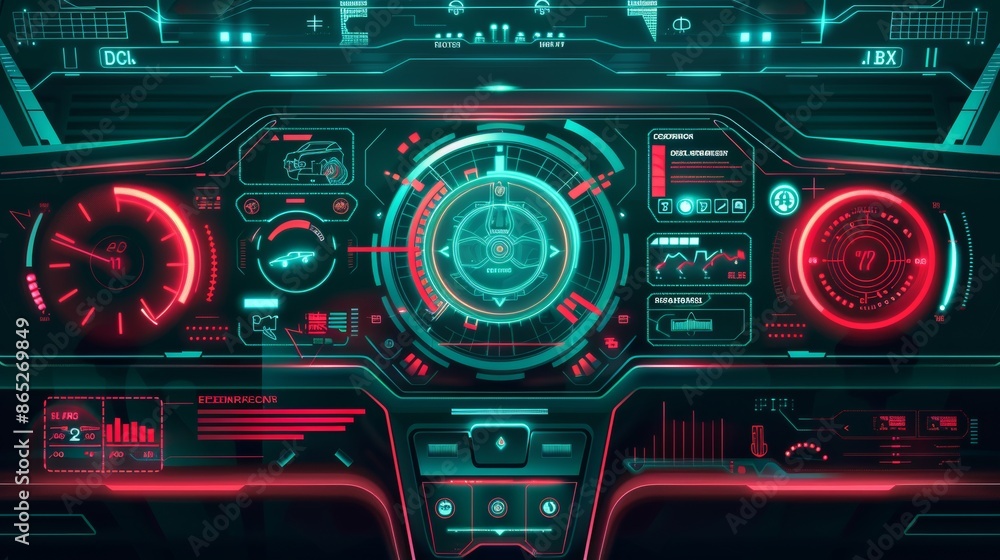 Poster car top view with electronic digital interface, parameters and options. hud, gui, ui style car inter