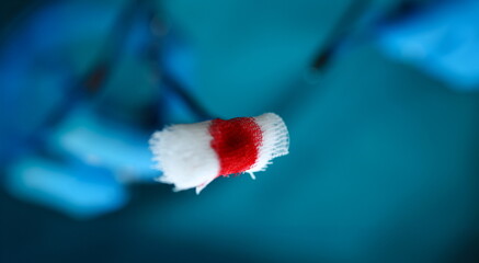 Surgeon in sterile uniform arms holding and passing to colleague tools with bio material wad...