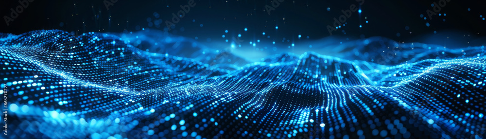 Poster dynamic digital grid with flowing data streams in cool blue tones on black background.