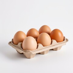 Eggs in a carton box on a white background.