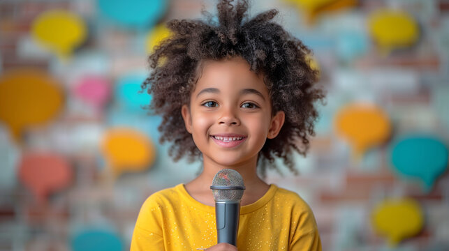 A child with a microphone or speaking confidently in front of others, with speech bubbles showing assertive statements, against a simple background with subtle communication icons.