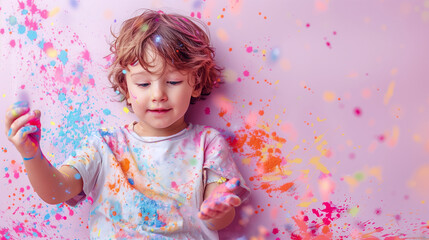 Fototapeta premium A child with ADHD deeply engaged in a creative activity, displaying intense focus and creativity, positioned on the left side of the image against a light purple background.