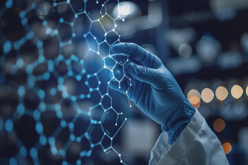 Scientist doctor hand touches virtual molecular structure in the lab.
