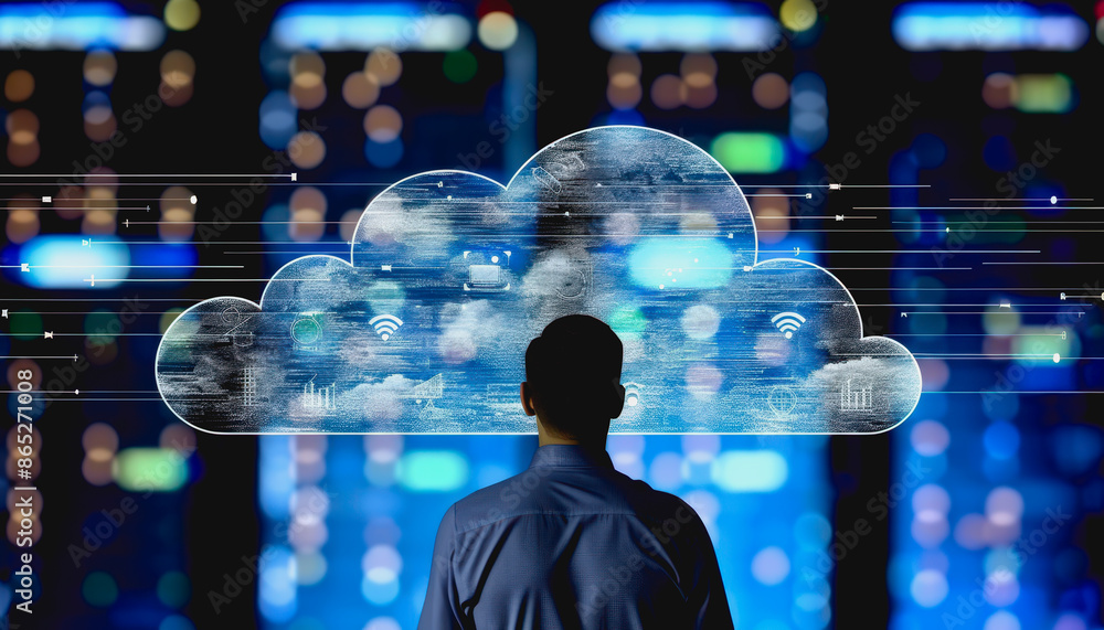 Aufkleber person engaging with advanced digital cloud interface in high-tech environment.